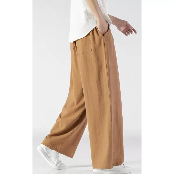 chouyatou Mens Summer Drawstring Elastic Waist Loose Fit Wide Legs Yoga Linen Palazzo Beach Pant PocketBrown