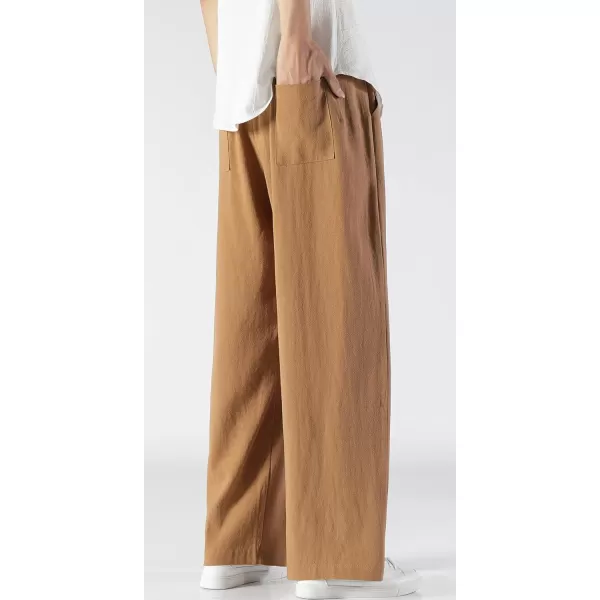 chouyatou Mens Summer Drawstring Elastic Waist Loose Fit Wide Legs Yoga Linen Palazzo Beach Pant PocketBrown