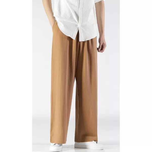 chouyatou Mens Summer Drawstring Elastic Waist Loose Fit Wide Legs Yoga Linen Palazzo Beach Pant PocketBrown
