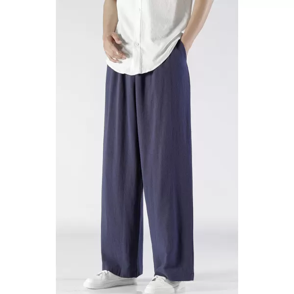 chouyatou Mens Summer Drawstring Elastic Waist Loose Fit Wide Legs Yoga Linen Palazzo Beach Pant PocketNavy Blue