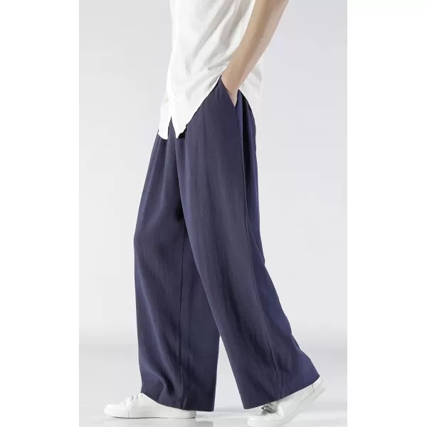 chouyatou Mens Summer Drawstring Elastic Waist Loose Fit Wide Legs Yoga Linen Palazzo Beach Pant PocketNavy Blue