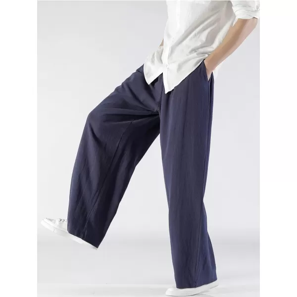 chouyatou Mens Summer Drawstring Elastic Waist Loose Fit Wide Legs Yoga Linen Palazzo Beach Pant PocketNavy Blue
