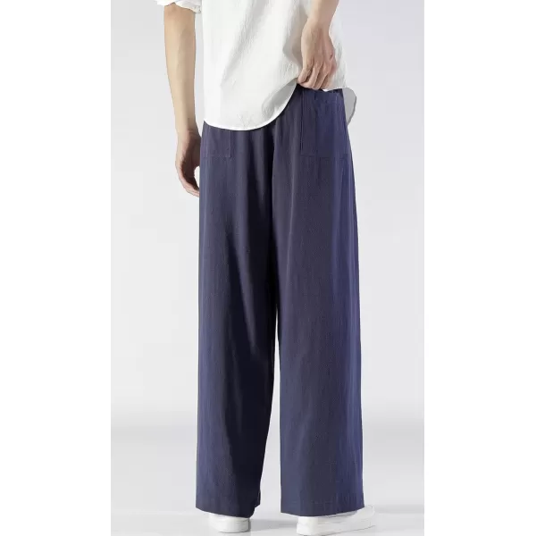 chouyatou Mens Summer Drawstring Elastic Waist Loose Fit Wide Legs Yoga Linen Palazzo Beach Pant PocketNavy Blue