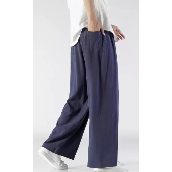 chouyatou Mens Summer Drawstring Elastic Waist Loose Fit Wide Legs Yoga Linen Palazzo Beach Pant PocketNavy Blue