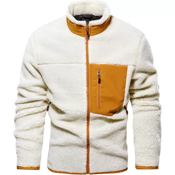 chouyatou Mens Winter Stand Collar Contrast Zip Pocket Fuzzy Sherpa Warm Zip Up Fleece Hoodie JacketBeige