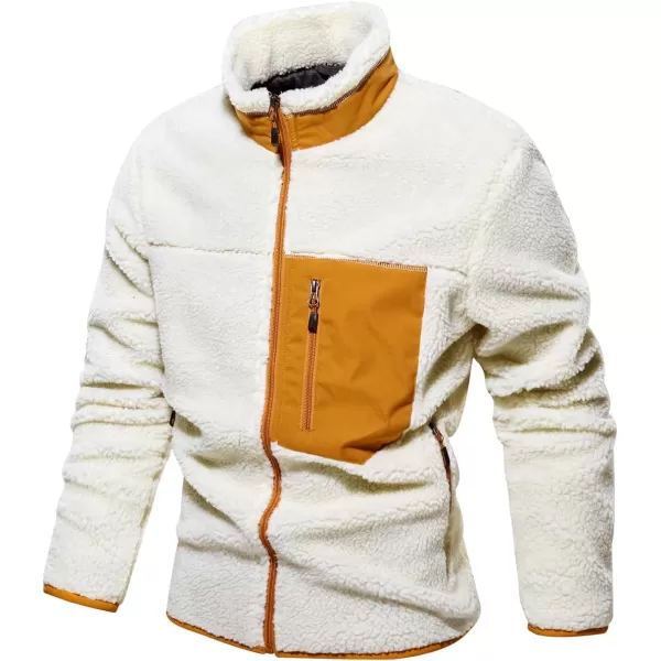 chouyatou Mens Winter Stand Collar Contrast Zip Pocket Fuzzy Sherpa Warm Zip Up Fleece Hoodie JacketBeige