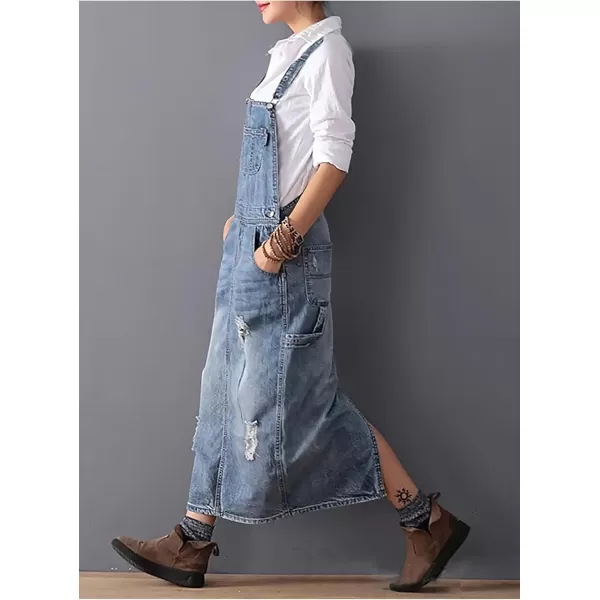 chouyatou Womens Adjustable Strap Distressed Denim Overall Dress ALine Pinafore Jean Dress with SplitLight Blue