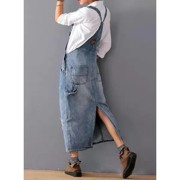 chouyatou Womens Adjustable Strap Distressed Denim Overall Dress ALine Pinafore Jean Dress with SplitLight Blue