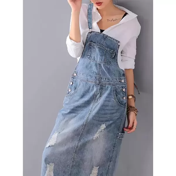chouyatou Womens Adjustable Strap Distressed Denim Overall Dress ALine Pinafore Jean Dress with SplitLight Blue