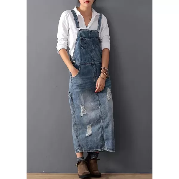 chouyatou Womens Adjustable Strap Distressed Denim Overall Dress ALine Pinafore Jean Dress with SplitLight Blue