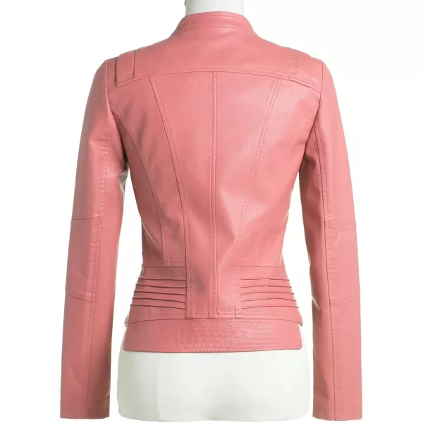 chouyatou Womens Casual Collarless Cropped Pu Leather Biker JacketPink