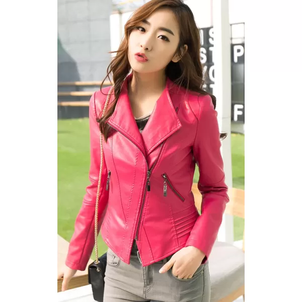 chouyatou Womens Casual Collarless Cropped Pu Leather Biker JacketRose