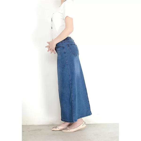 chouyatou Womens Casual Stretch Waist Washed Denim Aline Maxi SkirtBlue