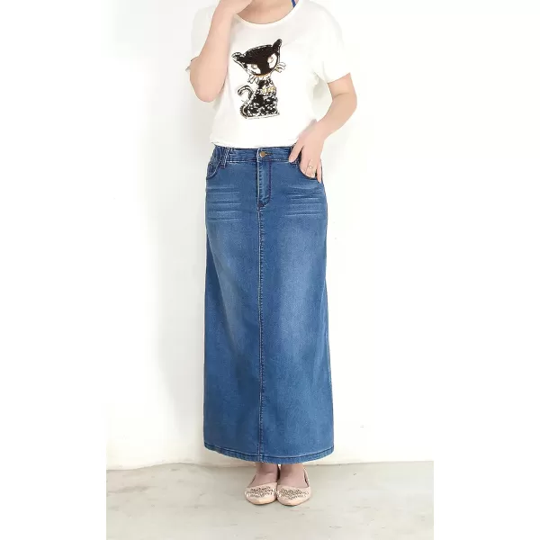 chouyatou Womens Casual Stretch Waist Washed Denim Aline Maxi SkirtBlue