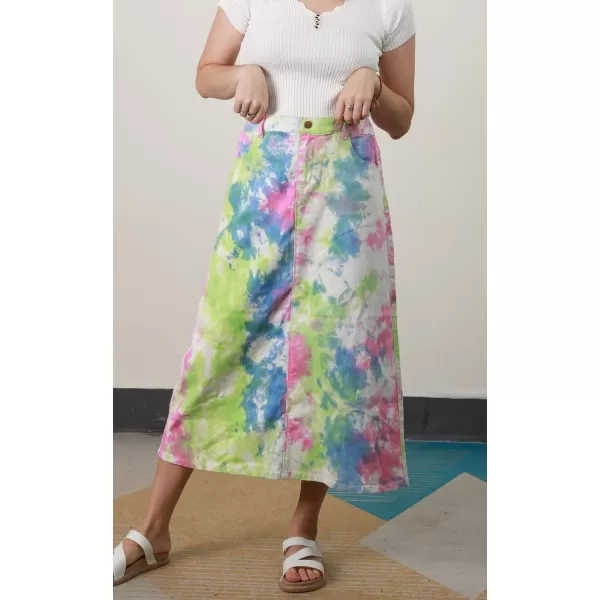 chouyatou Womens Casual Stretch Waist Washed Denim Aline Maxi SkirtTiedye Pink