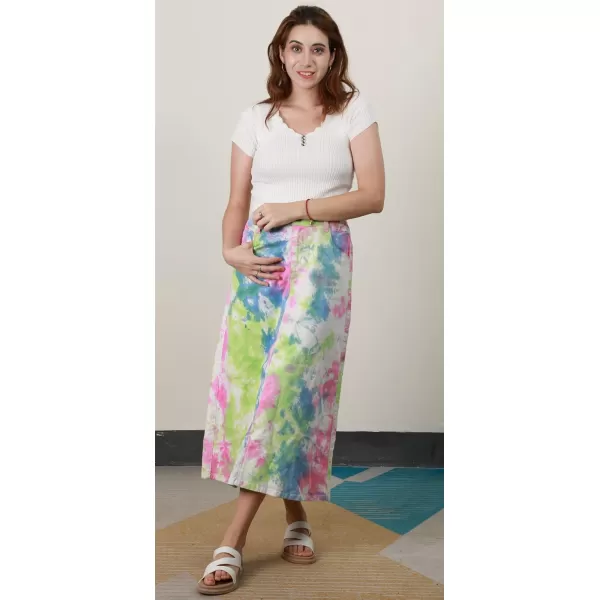 chouyatou Womens Casual Stretch Waist Washed Denim Aline Maxi SkirtTiedye Pink