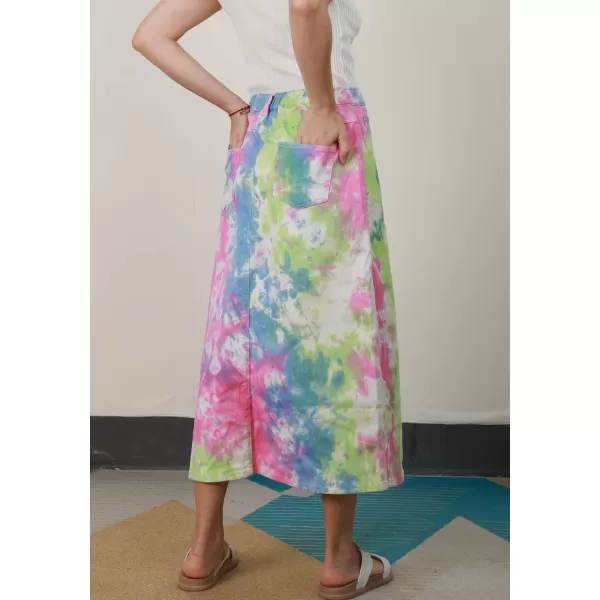 chouyatou Womens Casual Stretch Waist Washed Denim Aline Maxi SkirtTiedye Pink