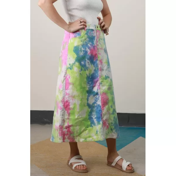 chouyatou Womens Casual Stretch Waist Washed Denim Aline Maxi SkirtTiedye Pink