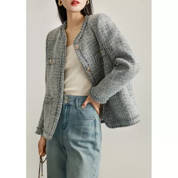 chouyatou Womens Elegant Houndstooth Tweed Jacket Button Down Fringed Tassel Blazer Jacket CoatBluish Grey