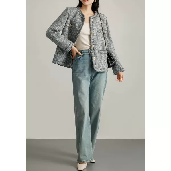 chouyatou Womens Elegant Houndstooth Tweed Jacket Button Down Fringed Tassel Blazer Jacket CoatBluish Grey