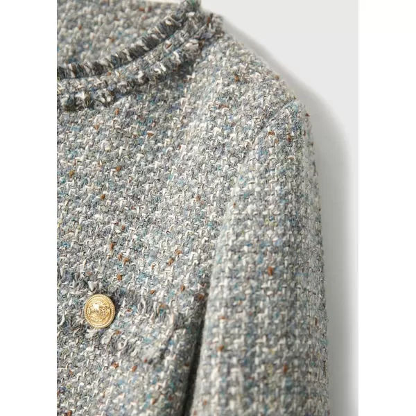 chouyatou Womens Elegant Houndstooth Tweed Jacket Button Down Fringed Tassel Blazer Jacket CoatBluish Grey