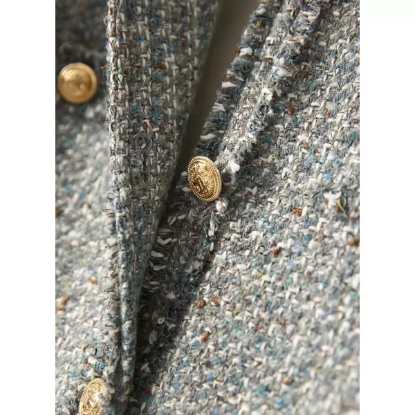 chouyatou Womens Elegant Houndstooth Tweed Jacket Button Down Fringed Tassel Blazer Jacket CoatBluish Grey