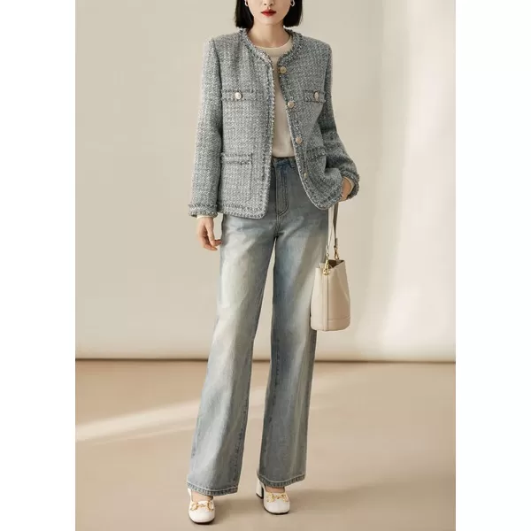 chouyatou Womens Elegant Houndstooth Tweed Jacket Button Down Fringed Tassel Blazer Jacket CoatBluish Grey