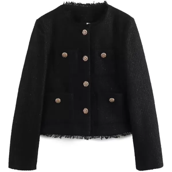 chouyatou Womens Fall Business Casual Tweed Jacket Button Down Fringed Tassel Office Work Blazer CoatBlack
