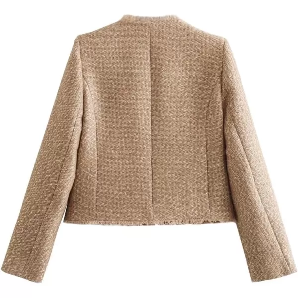 chouyatou Womens Fall Business Casual Tweed Jacket Button Down Fringed Tassel Office Work Blazer CoatKhaki