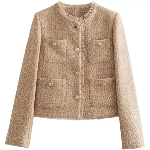 chouyatou Womens Fall Business Casual Tweed Jacket Button Down Fringed Tassel Office Work Blazer CoatKhaki