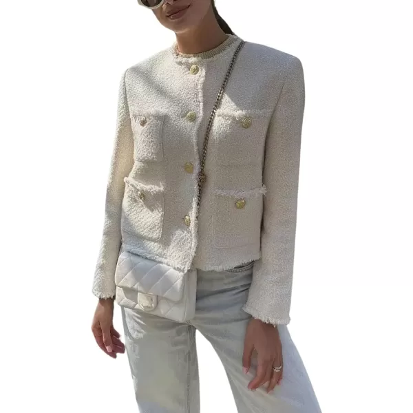 chouyatou Womens Fall Business Casual Tweed Jacket Button Down Fringed Tassel Office Work Blazer CoatWhite