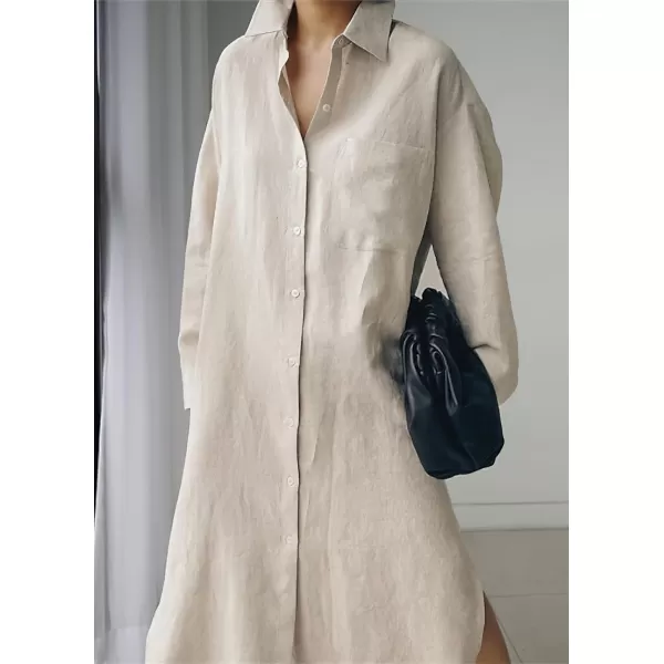 chouyatou Womens Spring Button Down Cotton Shirt Dress Summer Flowy Side Slit Maxi Shift DressApricot