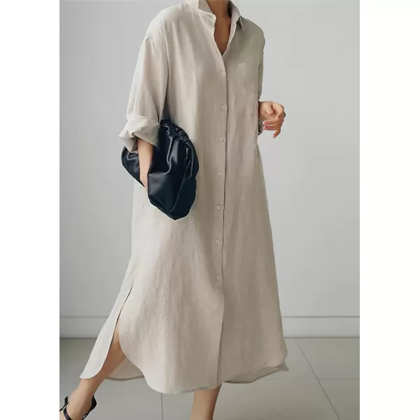 chouyatou Womens Spring Button Down Cotton Shirt Dress Summer Flowy Side Slit Maxi Shift DressApricot