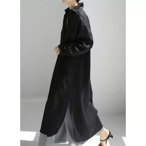 chouyatou Womens Spring Button Down Cotton Shirt Dress Summer Flowy Side Slit Maxi Shift DressBlack