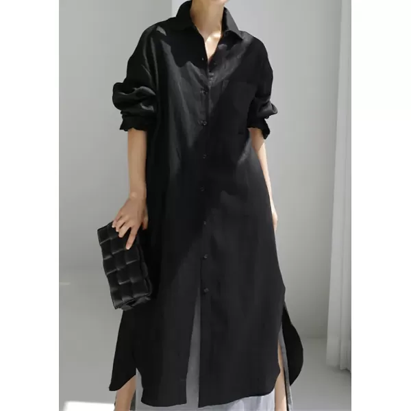 chouyatou Womens Spring Button Down Cotton Shirt Dress Summer Flowy Side Slit Maxi Shift DressBlack