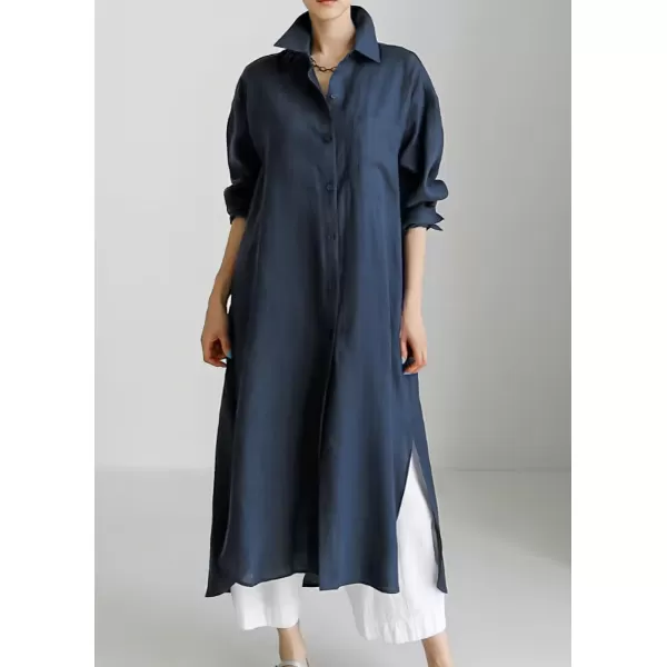 chouyatou Womens Spring Button Down Cotton Shirt Dress Summer Flowy Side Slit Maxi Shift DressNavy Blue