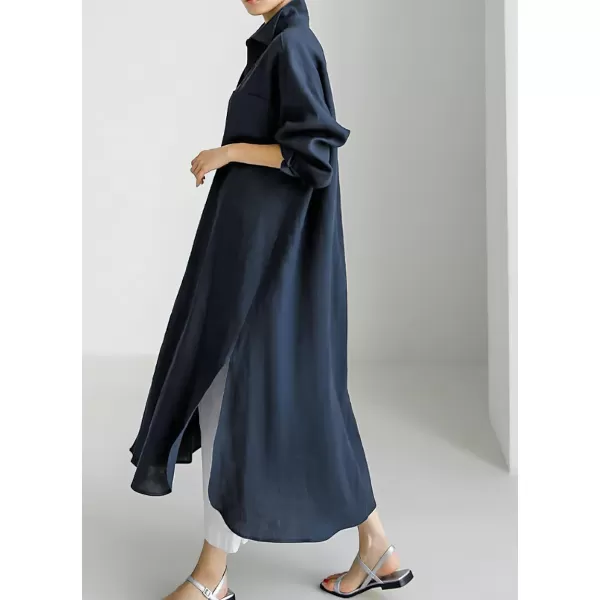 chouyatou Womens Spring Button Down Cotton Shirt Dress Summer Flowy Side Slit Maxi Shift DressNavy Blue