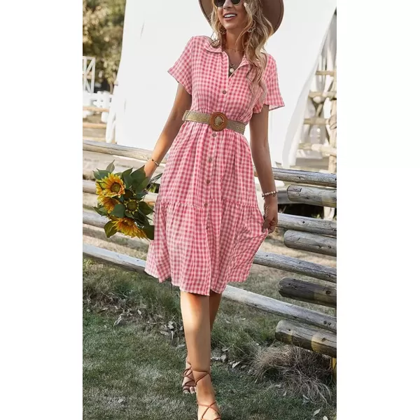 chouyatou Womens Summer Flutter Sleeve Midi Long Gingham Dress Plaid Button Down Shirt DressPink