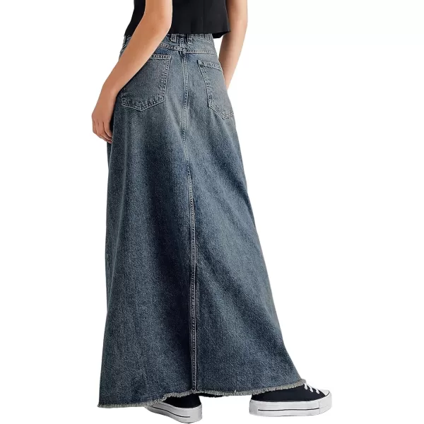 chouyatou Womens Vintage ALine Frayed Maxi Denim Skirt Distressed High Waist Long Jean SkirtBlue