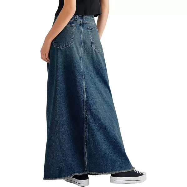 chouyatou Womens Vintage ALine Frayed Maxi Denim Skirt Distressed High Waist Long Jean SkirtDark Blue