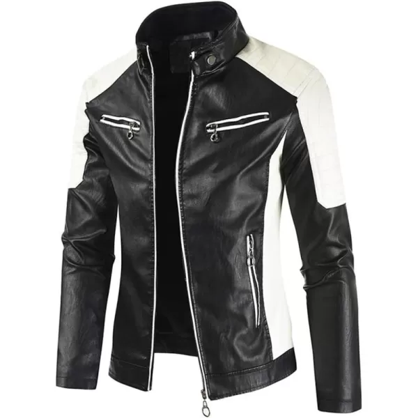 chouyatou Mens Casual Lightweight Color Block Moto Biker Faux Leather JacketBlack