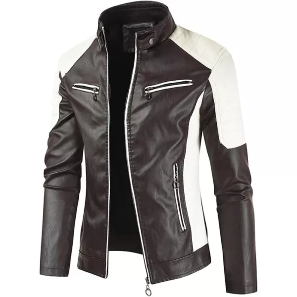 chouyatou Mens Casual Lightweight Color Block Moto Biker Faux Leather JacketCoffee