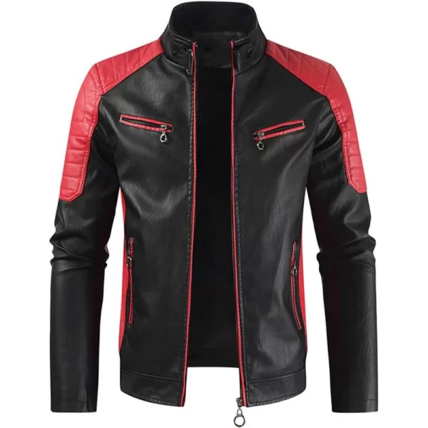 chouyatou Mens Casual Lightweight Color Block Moto Biker Faux Leather JacketRed
