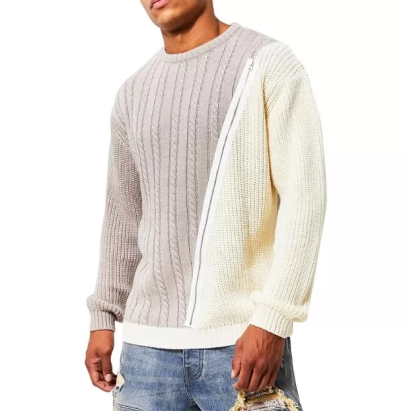 chouyatou Mens Color Block Spliced Zipper Decor Long Sleeve Cable Knit Pullover Sweater TopBeige Yellow