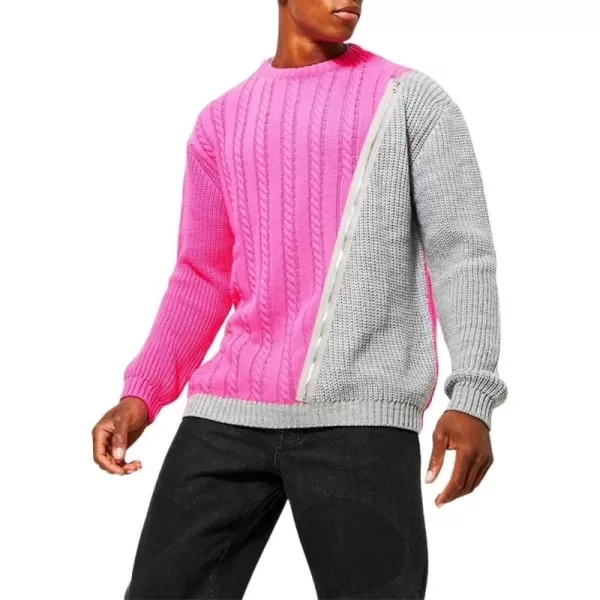 chouyatou Mens Color Block Spliced Zipper Decor Long Sleeve Cable Knit Pullover Sweater TopPink Gray