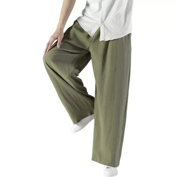 chouyatou Mens Summer Drawstring Elastic Waist Loose Fit Wide Legs Yoga Linen Palazzo Beach Pant PocketArmy Green