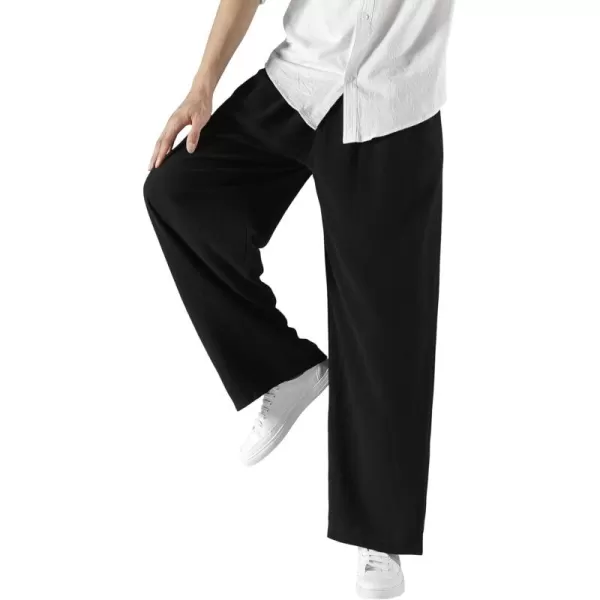 chouyatou Mens Summer Drawstring Elastic Waist Loose Fit Wide Legs Yoga Linen Palazzo Beach Pant PocketBlack