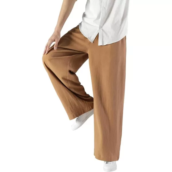 chouyatou Mens Summer Drawstring Elastic Waist Loose Fit Wide Legs Yoga Linen Palazzo Beach Pant PocketBrown