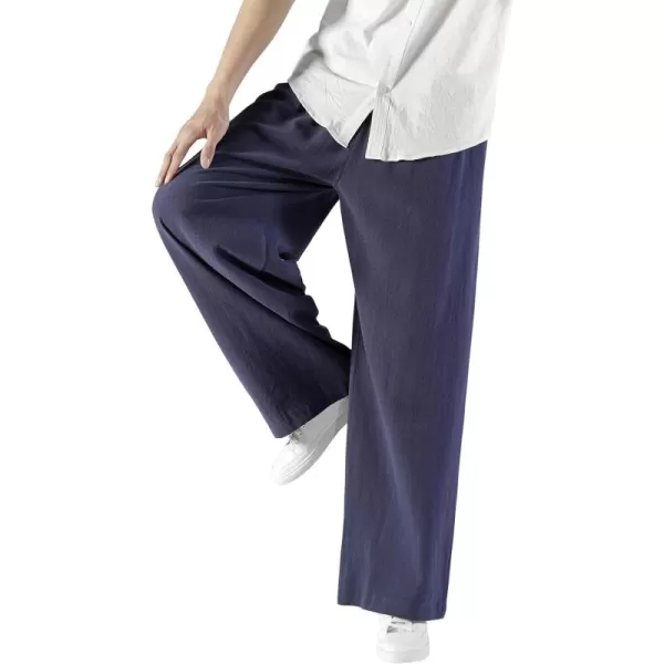 chouyatou Mens Summer Drawstring Elastic Waist Loose Fit Wide Legs Yoga Linen Palazzo Beach Pant PocketNavy Blue