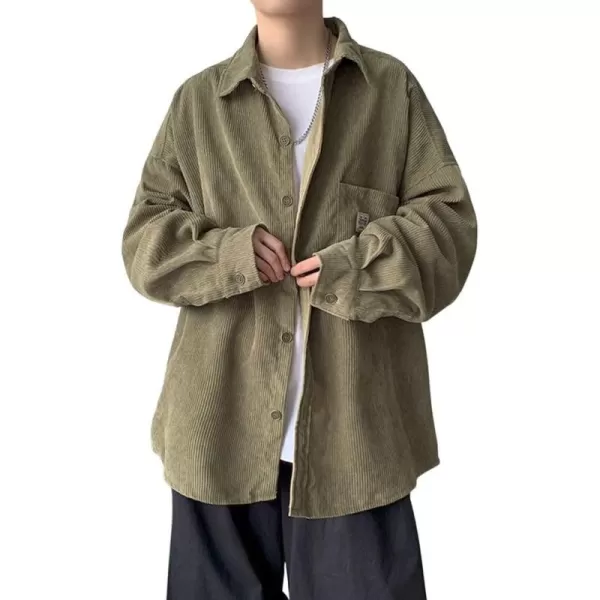 chouyatou Mens Vintage Casual Corduroy Shirt Tops Long Sleeve Button Down Oversized Cowboy Corduroy Jacket ShacketArmy Green